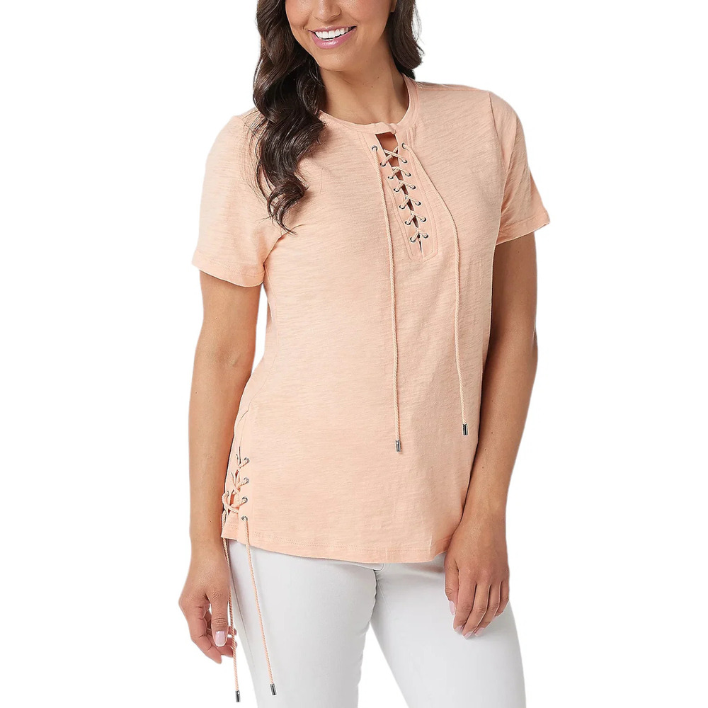 Haute Hippie Tribe Knit Top with Lace Up Detail Soft Peach - Regular